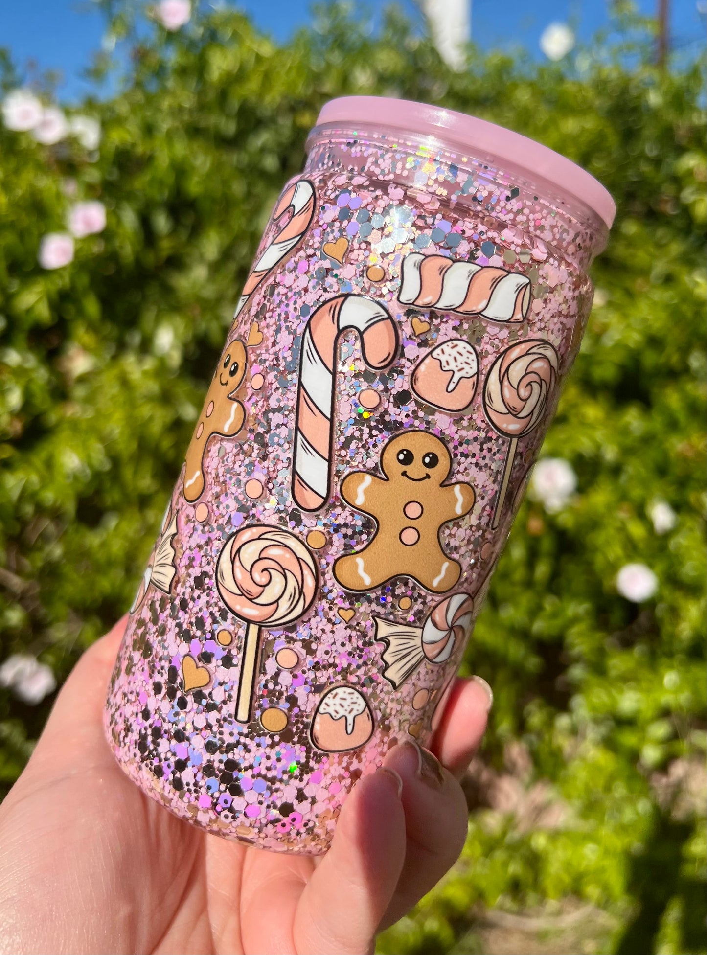 16 oz Acrylic Snow Globe Pink Gingerbread Man Tumbler