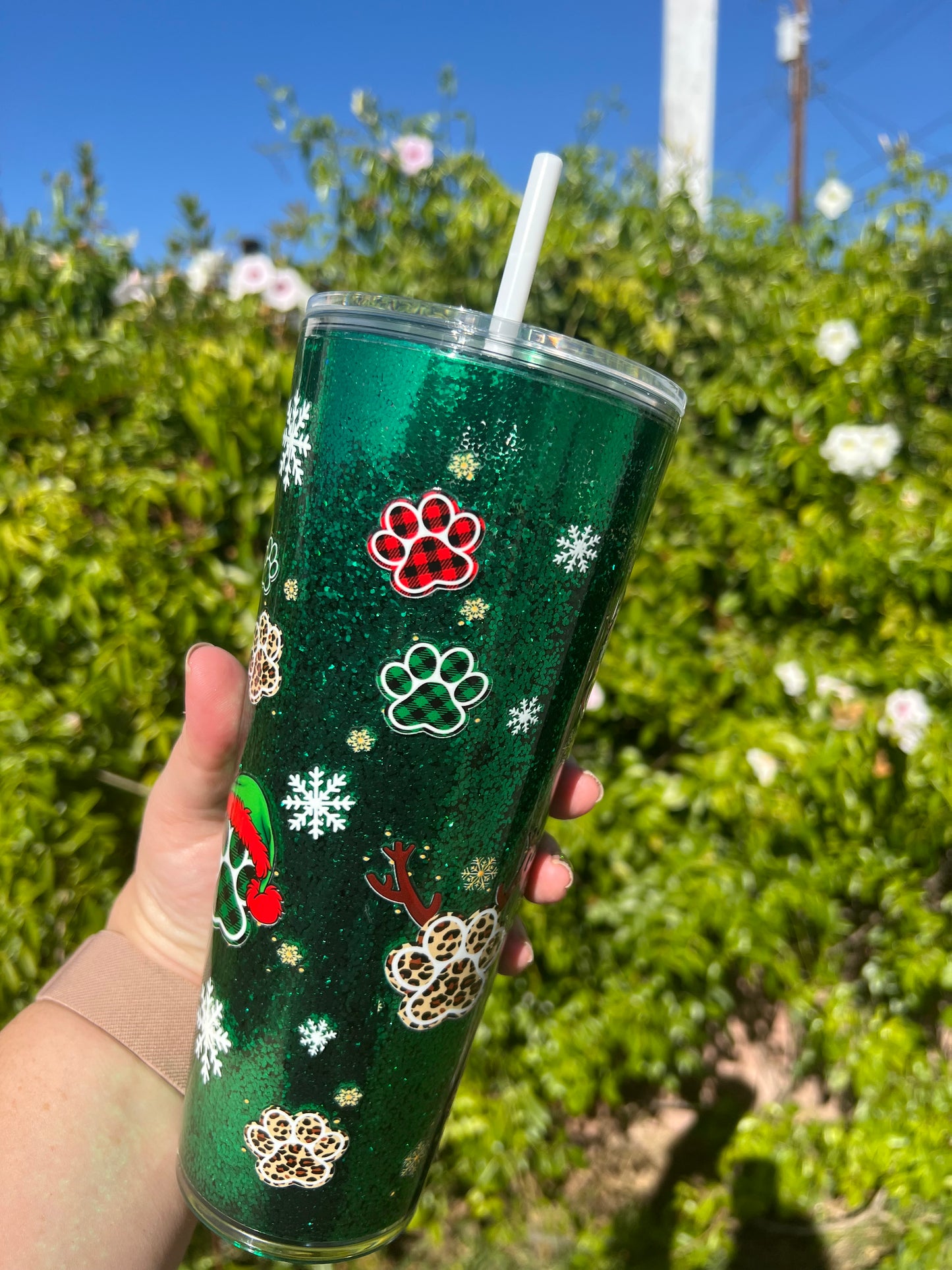 24 oz Acrylic Snow Globe Tumbler Holiday Paws