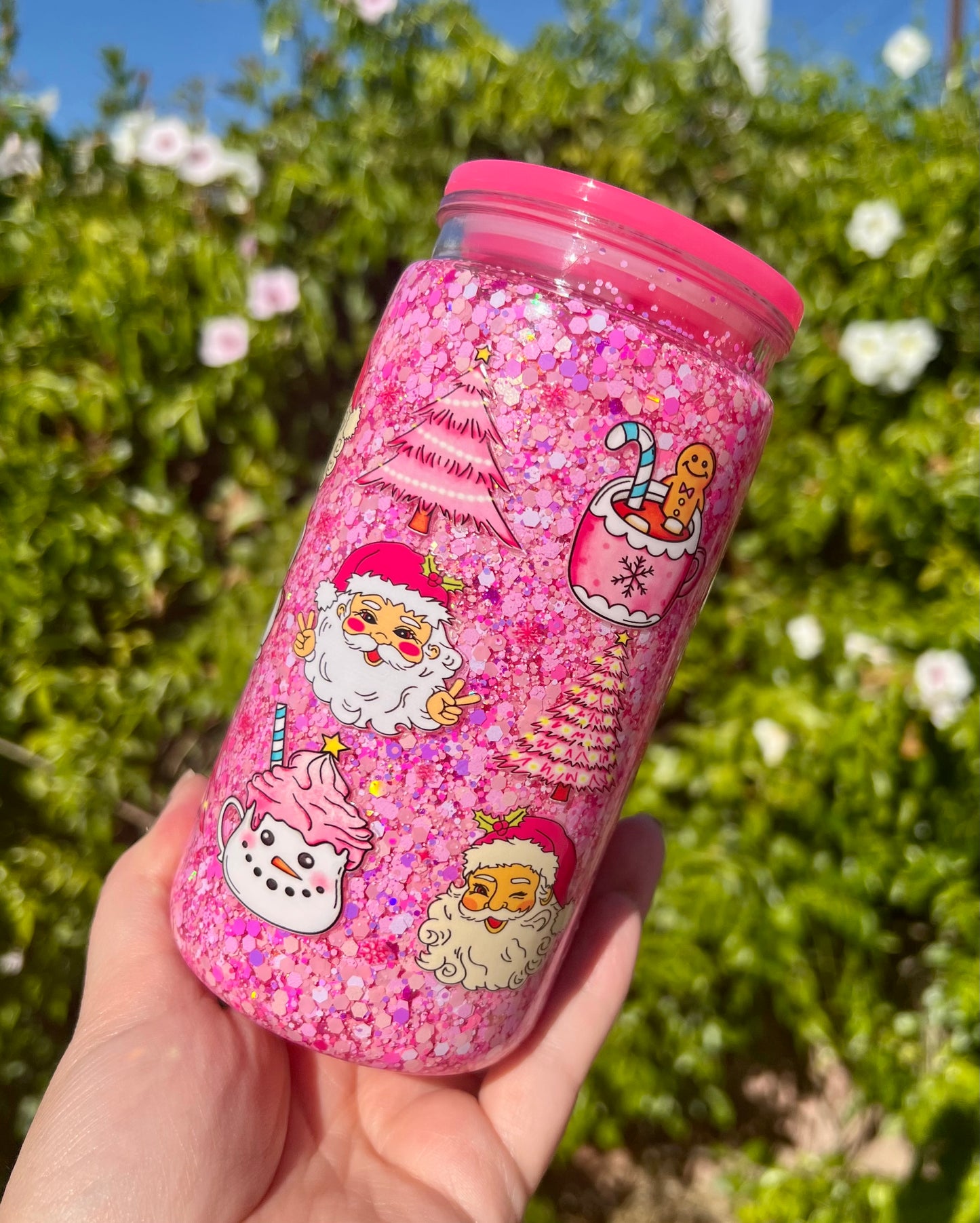 16 oz Acrylic Snow Globe Pink Holiday vibes Glitter Tumbler