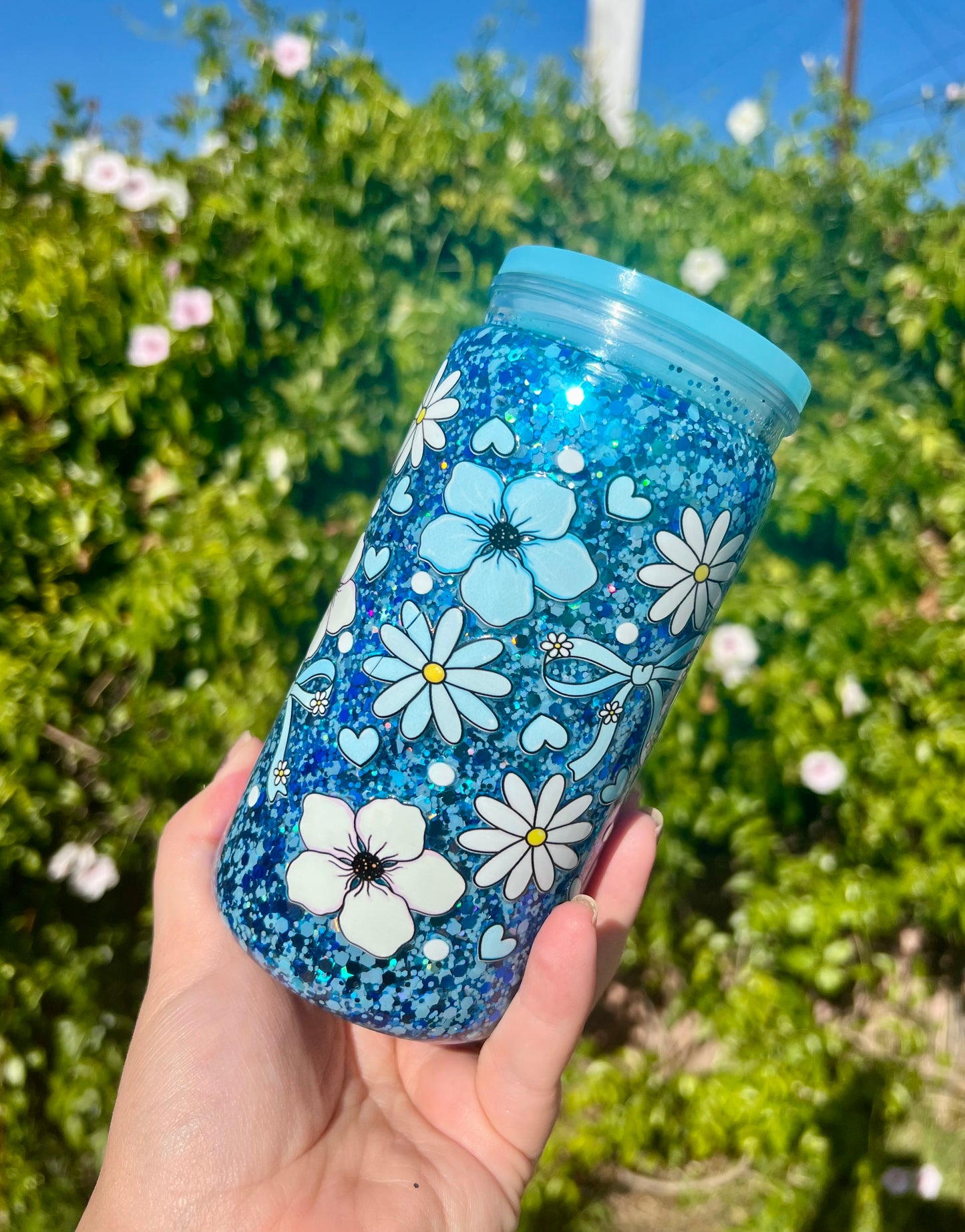 16 oz Acrylic Snow Globe Flowers & Bows Glitter Tumbler
