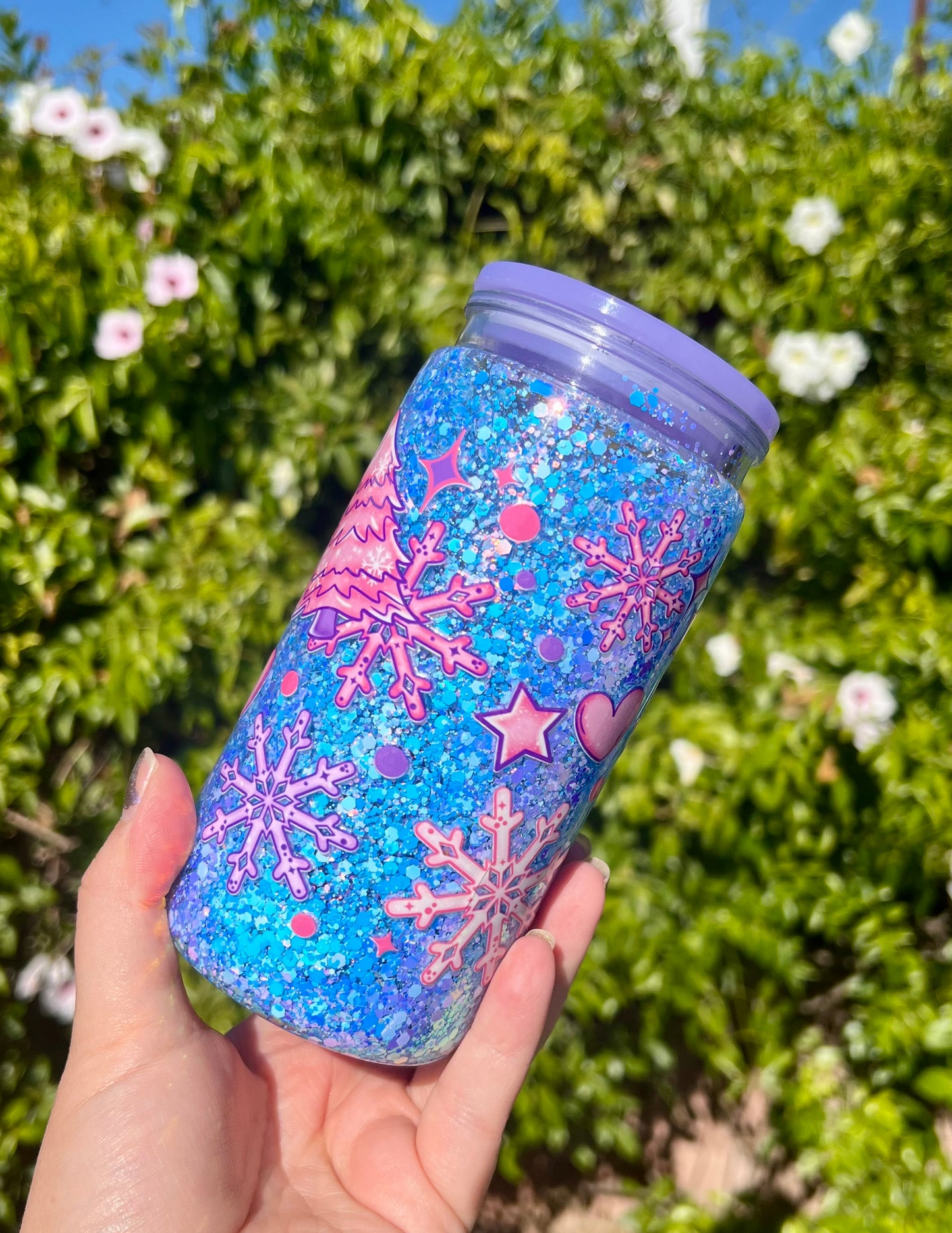 16 oz Acrylic Snow Globe Pink Tree & Snowflake Glitter Tumbler