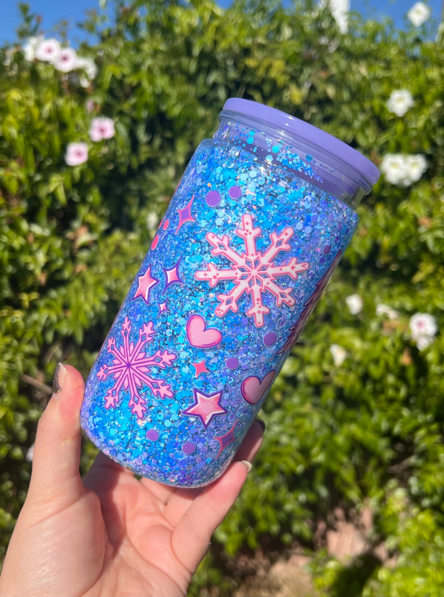 16 oz Acrylic Snow Globe Pink Tree & Snowflake Glitter Tumbler