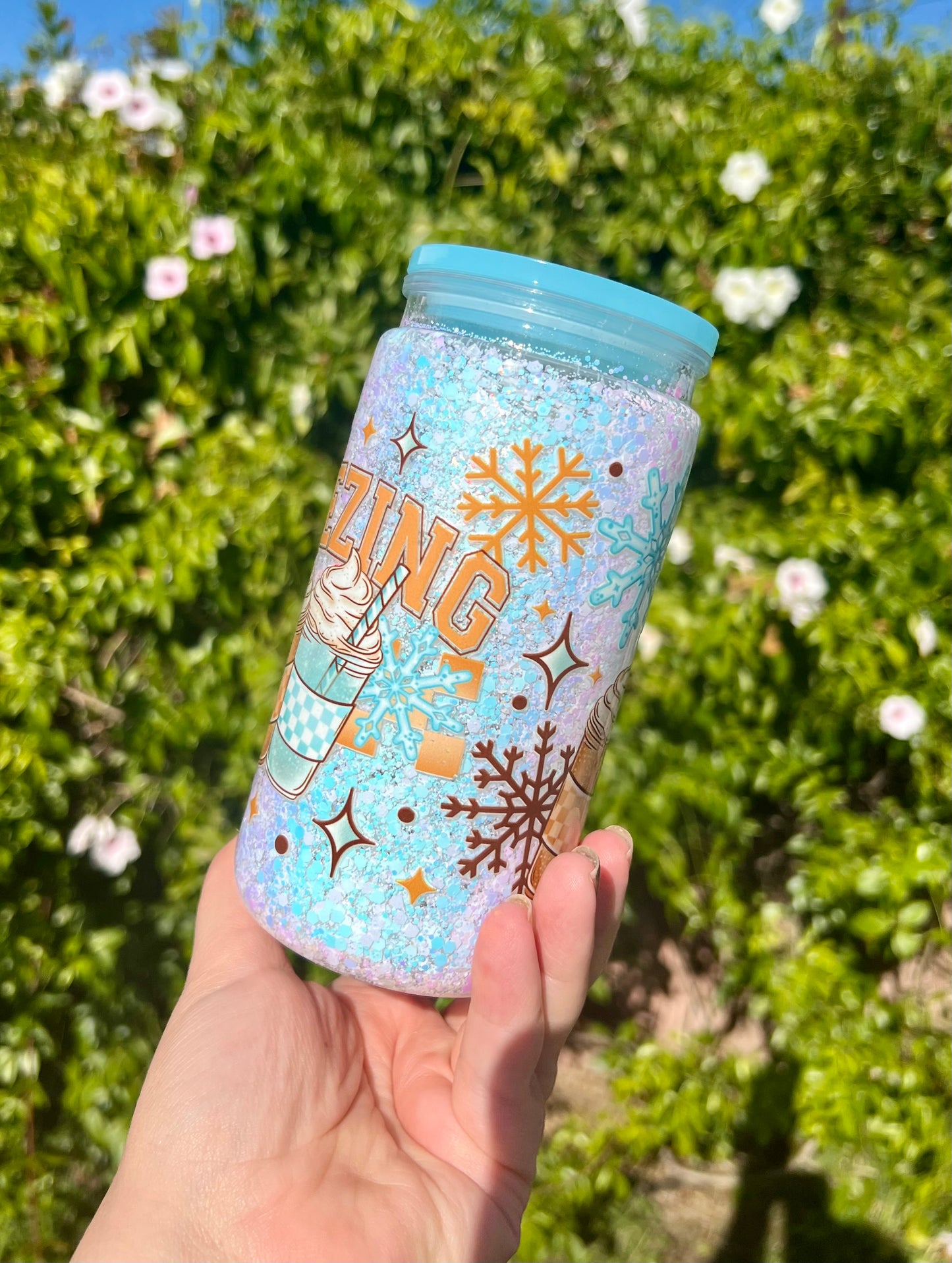 16 oz Acrylic Snow Globe FREEZING beverages Snowflake Tumbler