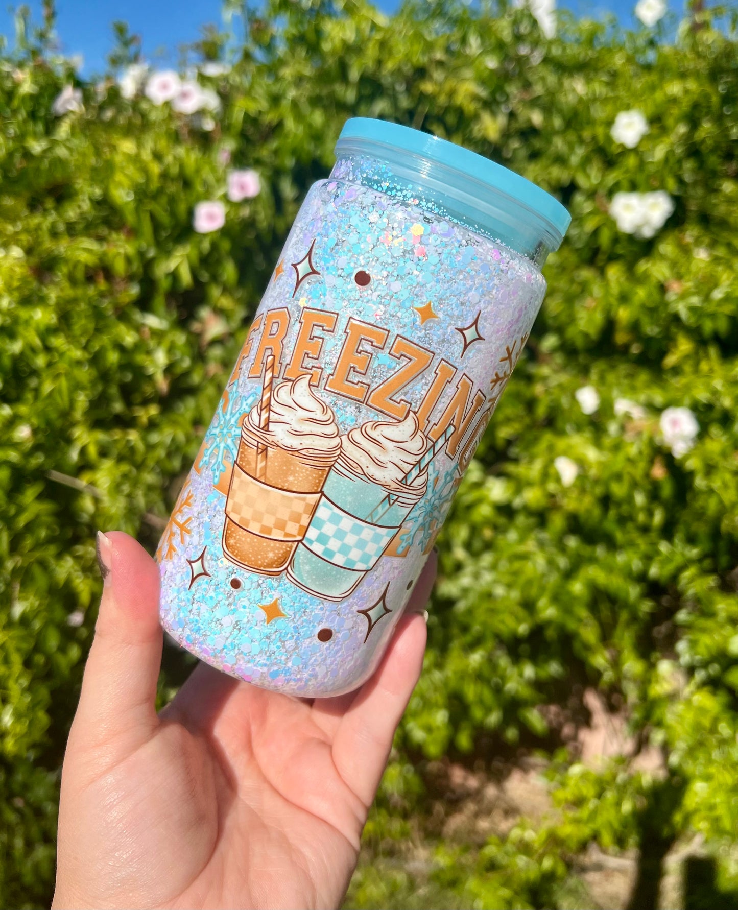 16 oz Acrylic Snow Globe FREEZING beverages Snowflake Tumbler