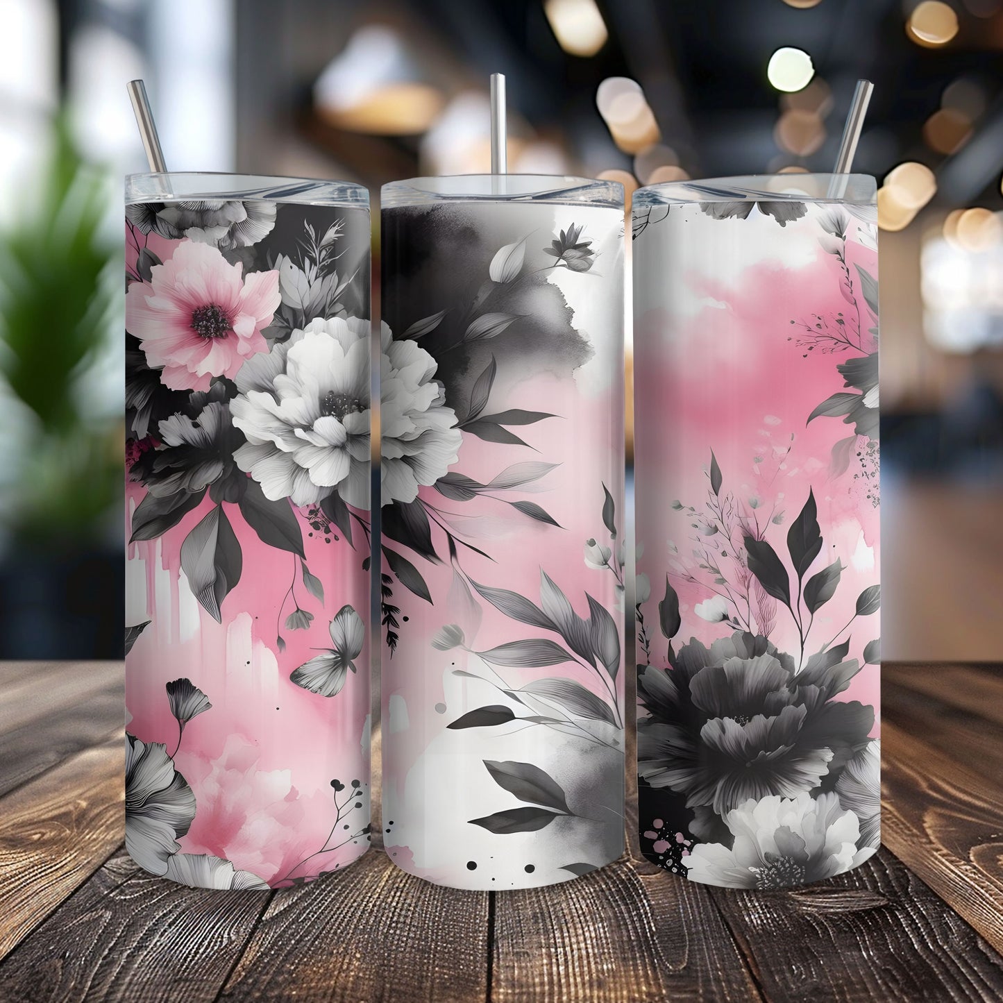 Pink and Black Floral 20 oz. Skinny Tumbler