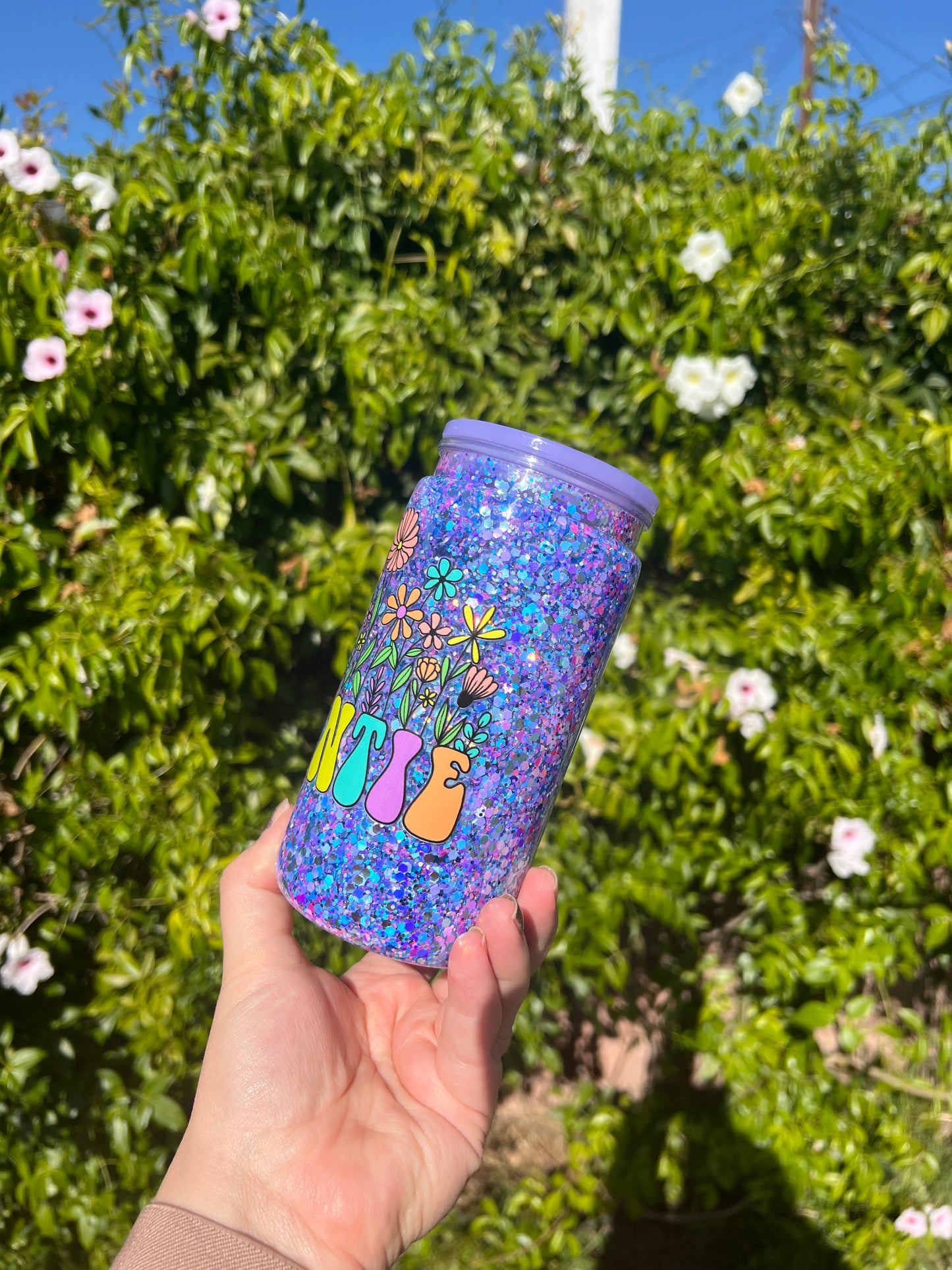 16 oz Acrylic Snow Globe Auntie Floral Glitter Tumbler