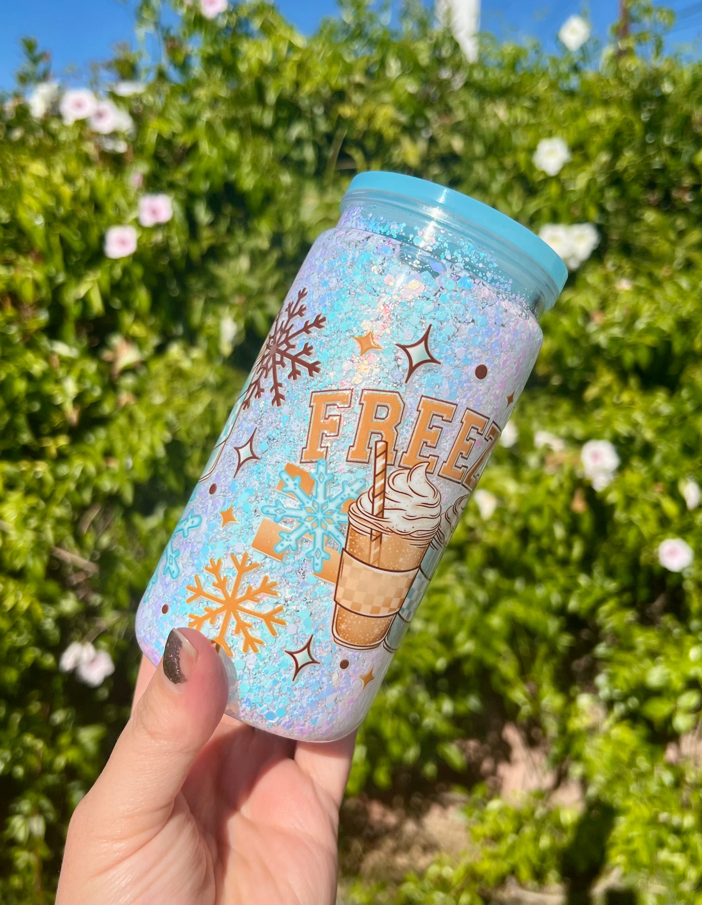 16 oz Acrylic Snow Globe FREEZING beverages Snowflake Tumbler