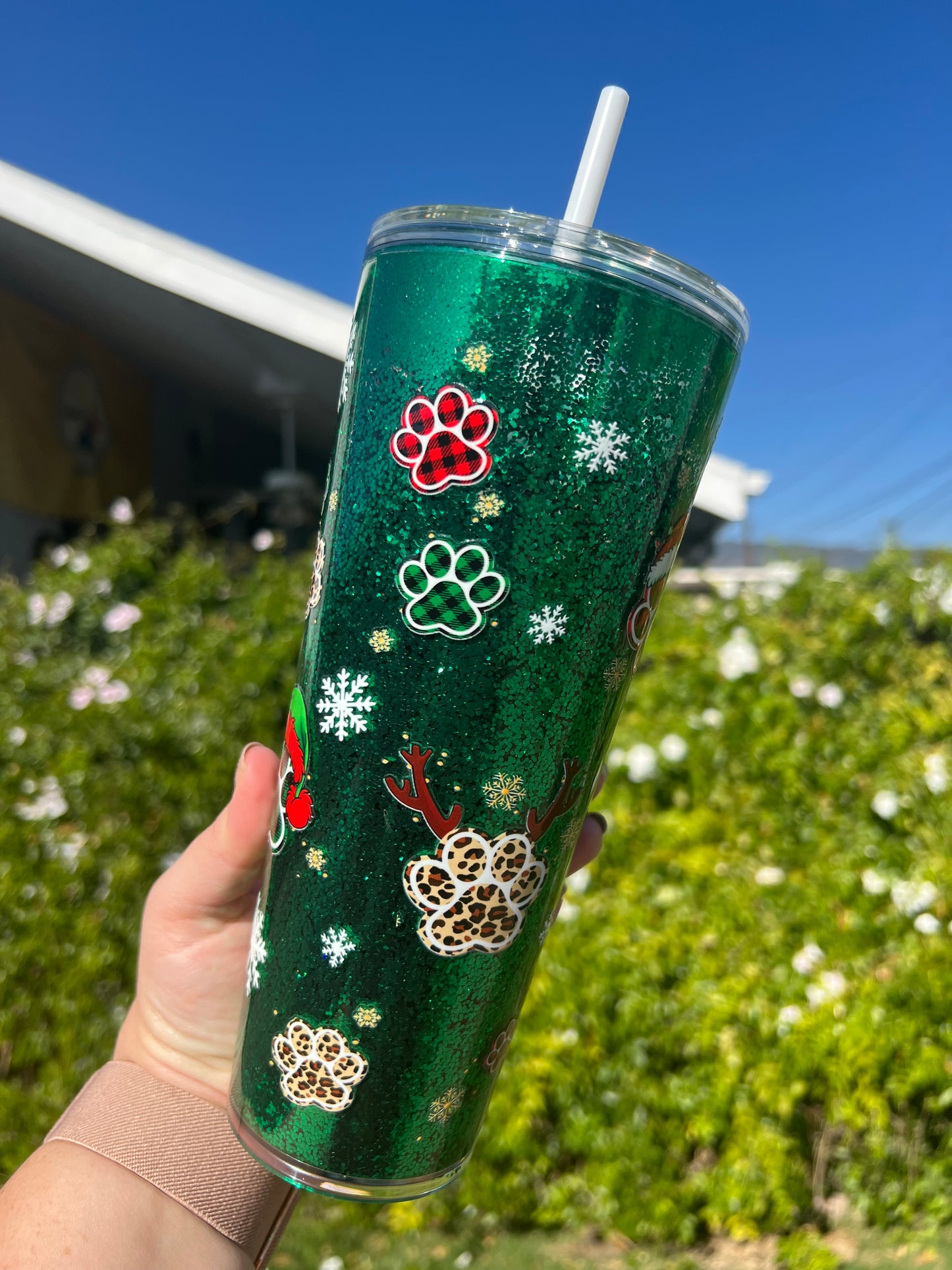 24 oz Acrylic Snow Globe Tumbler Holiday Paws