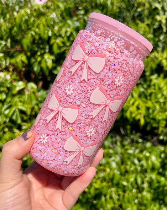 16 oz Acrylic Snow Globe Pink Coquette Bow Glitter Tumbler