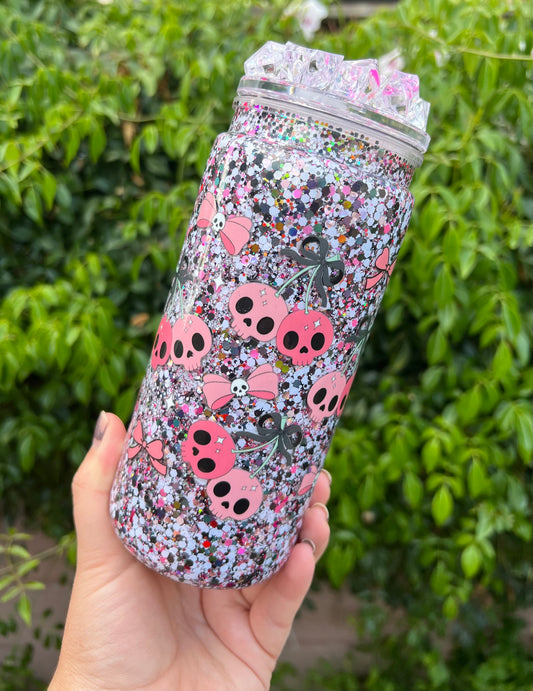 20 oz Acrylic Snow Globe Skull Cherries Glitter Tumbler