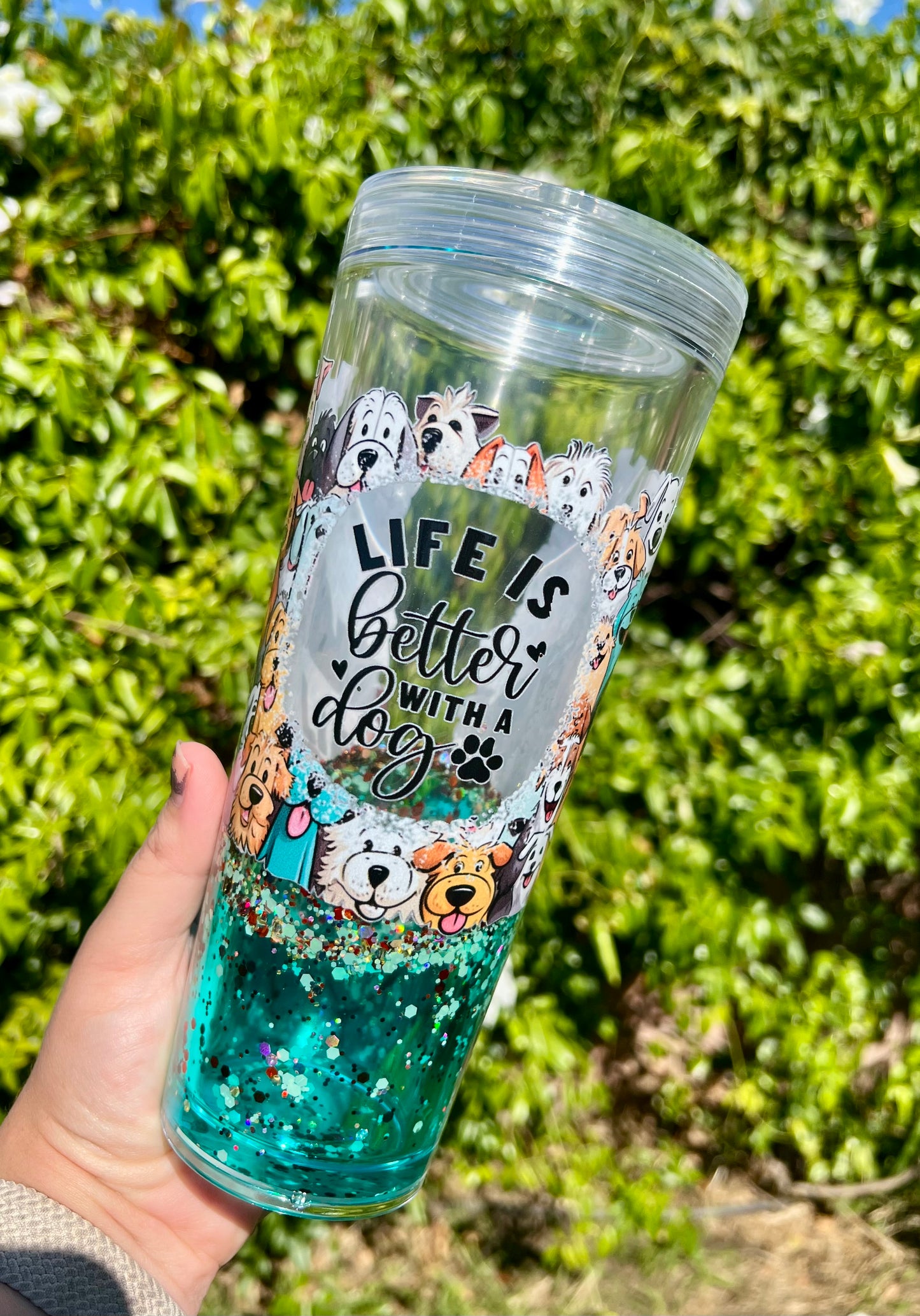 24 oz Acrylic Lava Snow Globe "Life is Better with Dogs" Glitter Tumbler