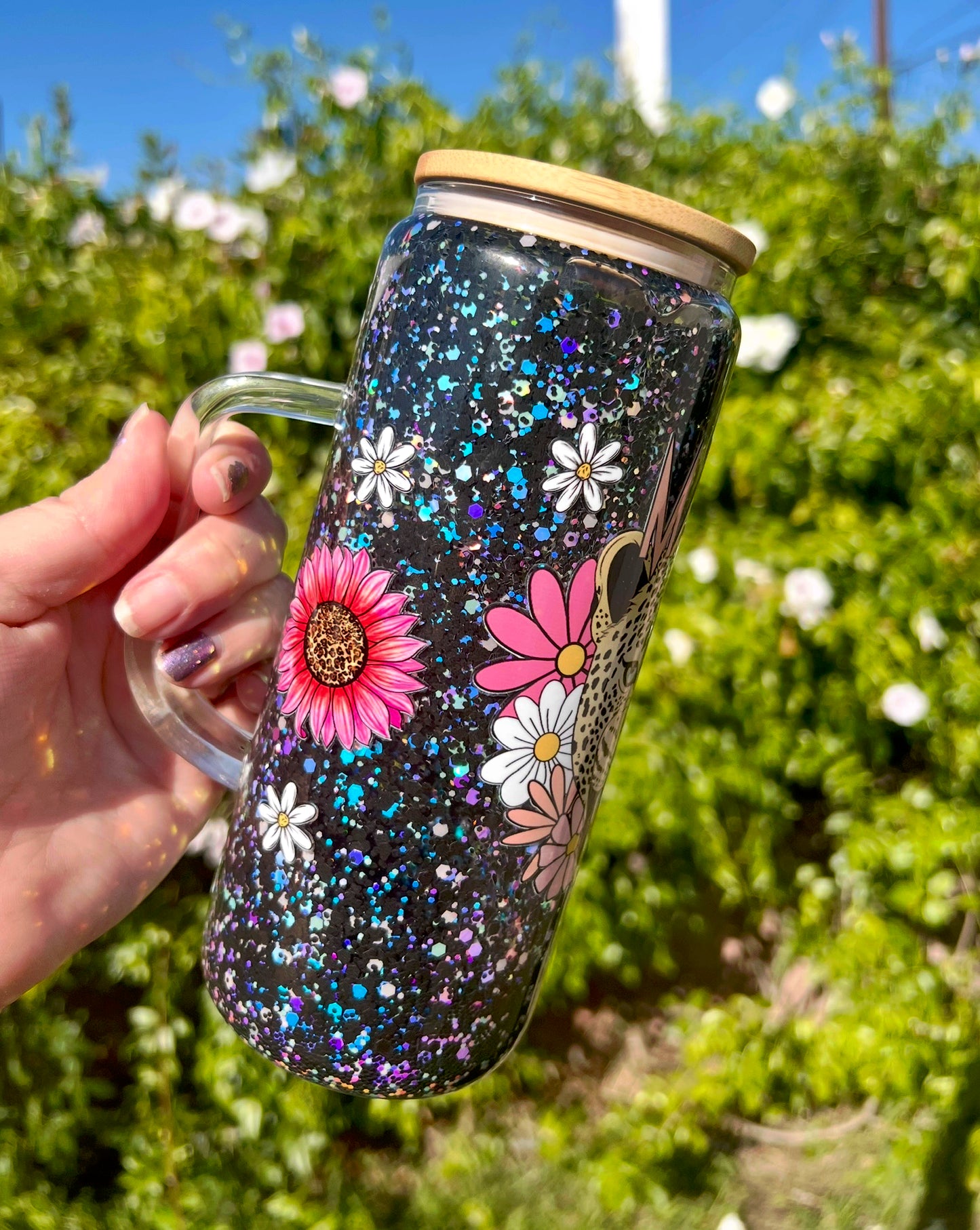 20 oz Glass Mug Style Snow Globe Mama Tiger Glitter Tumbler