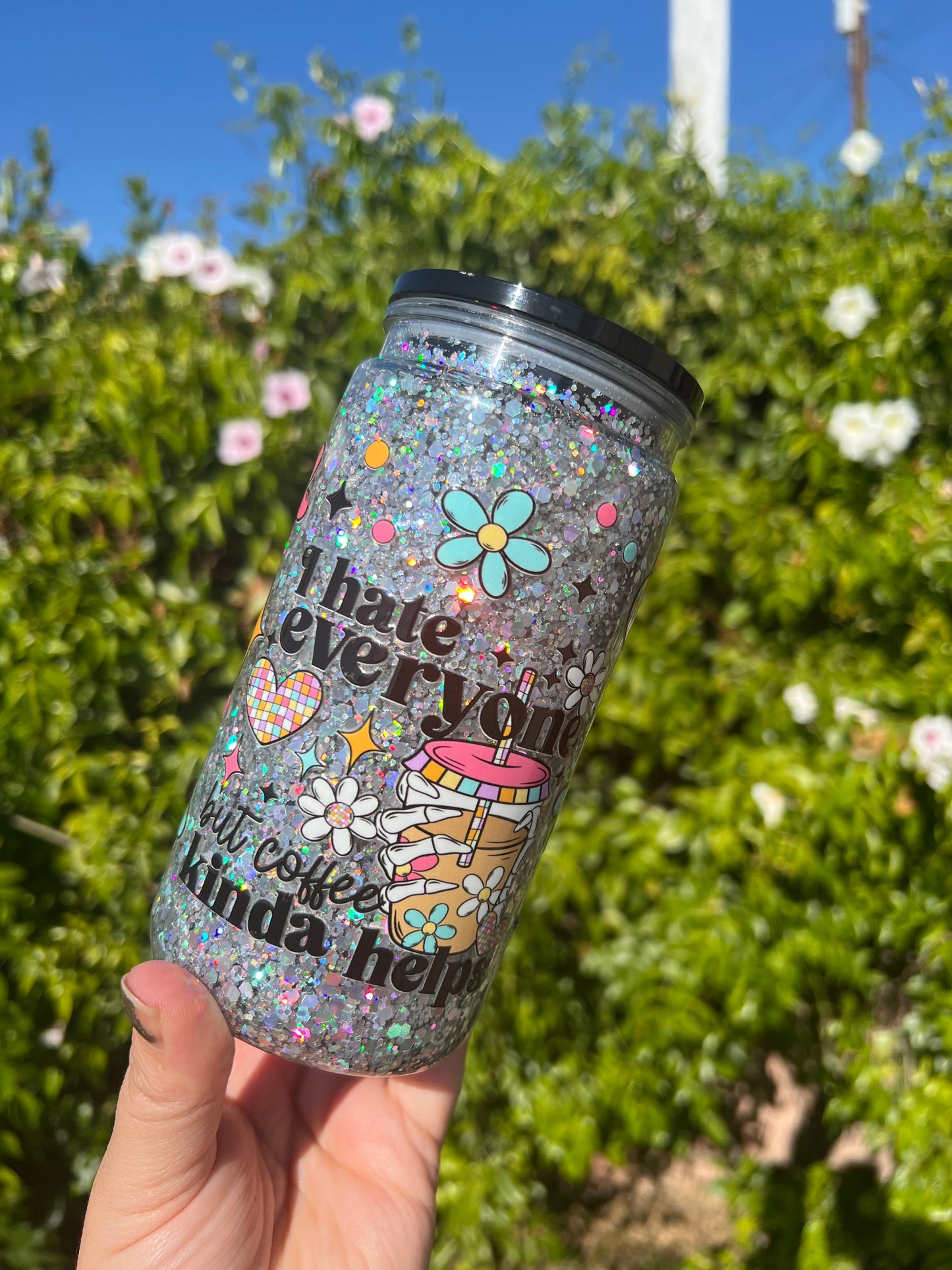 16 oz Acrylic Snow Globe "I Hate Everyone but Coffee" Glitter Tumbler