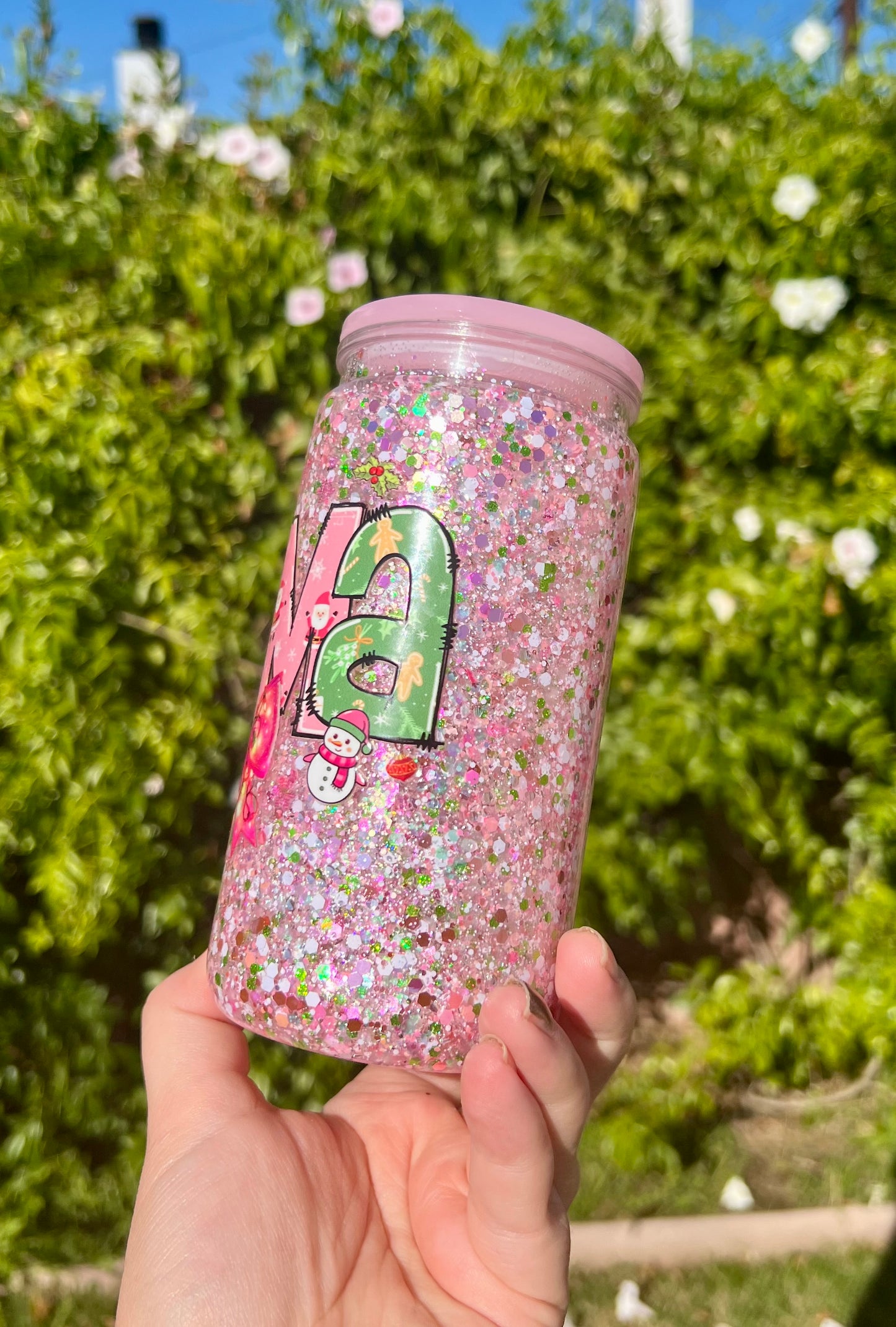 16 oz Acrylic Snow Globe Pink Holiday Mama Glitter Tumbler