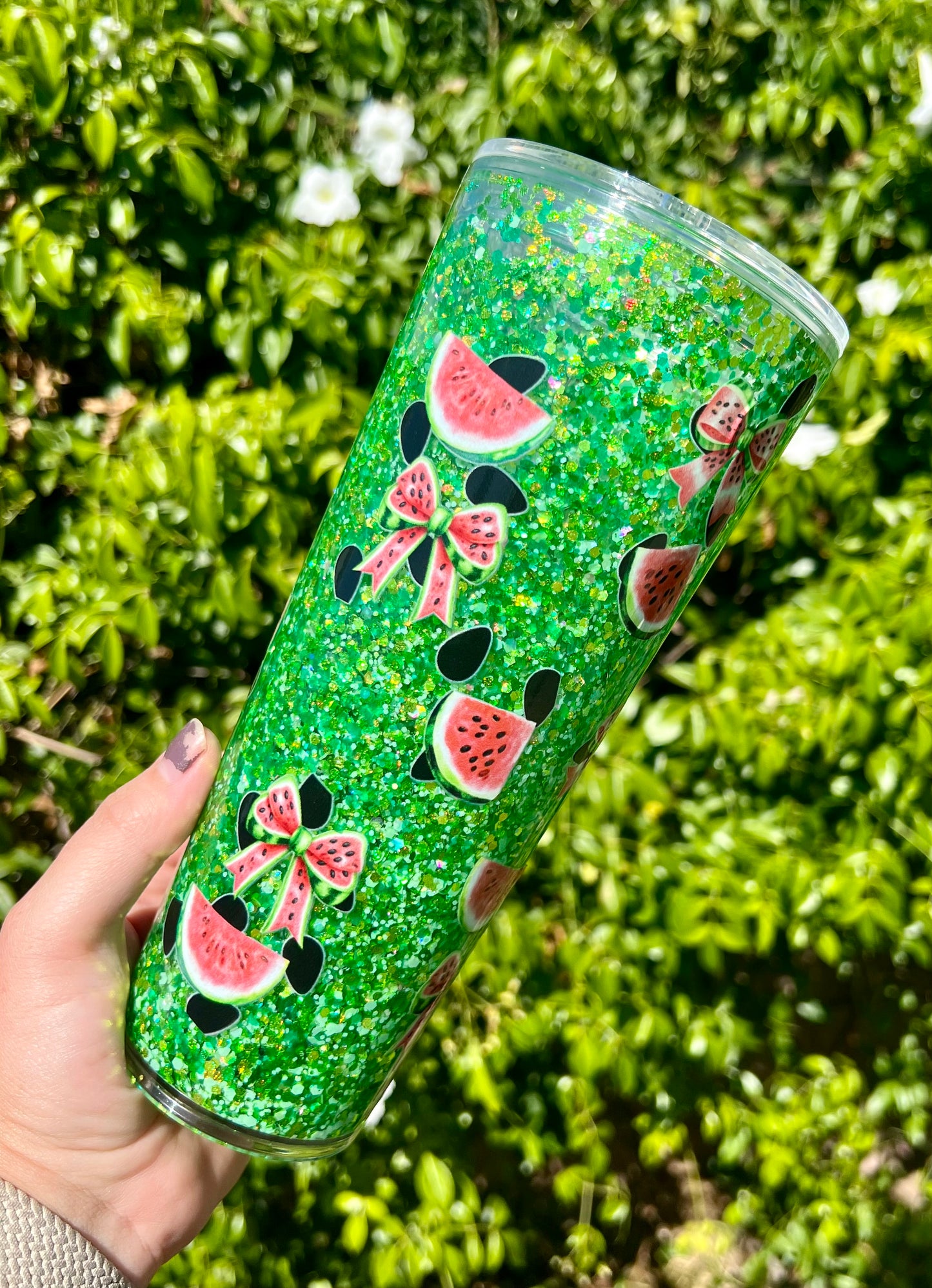 24 oz Acrylic Snow Globe Watermelon Bows Glitter Tumbler