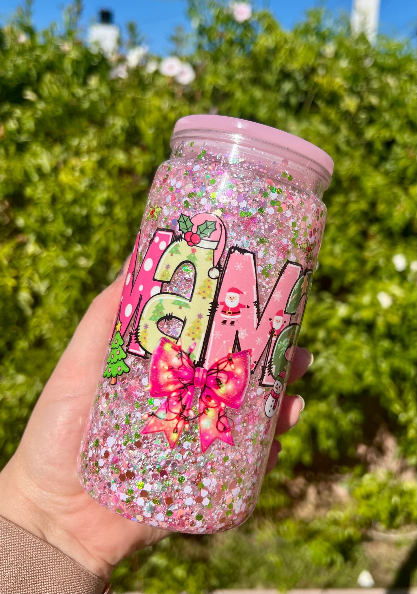 16 oz Acrylic Snow Globe Pink Holiday Mama Glitter Tumbler
