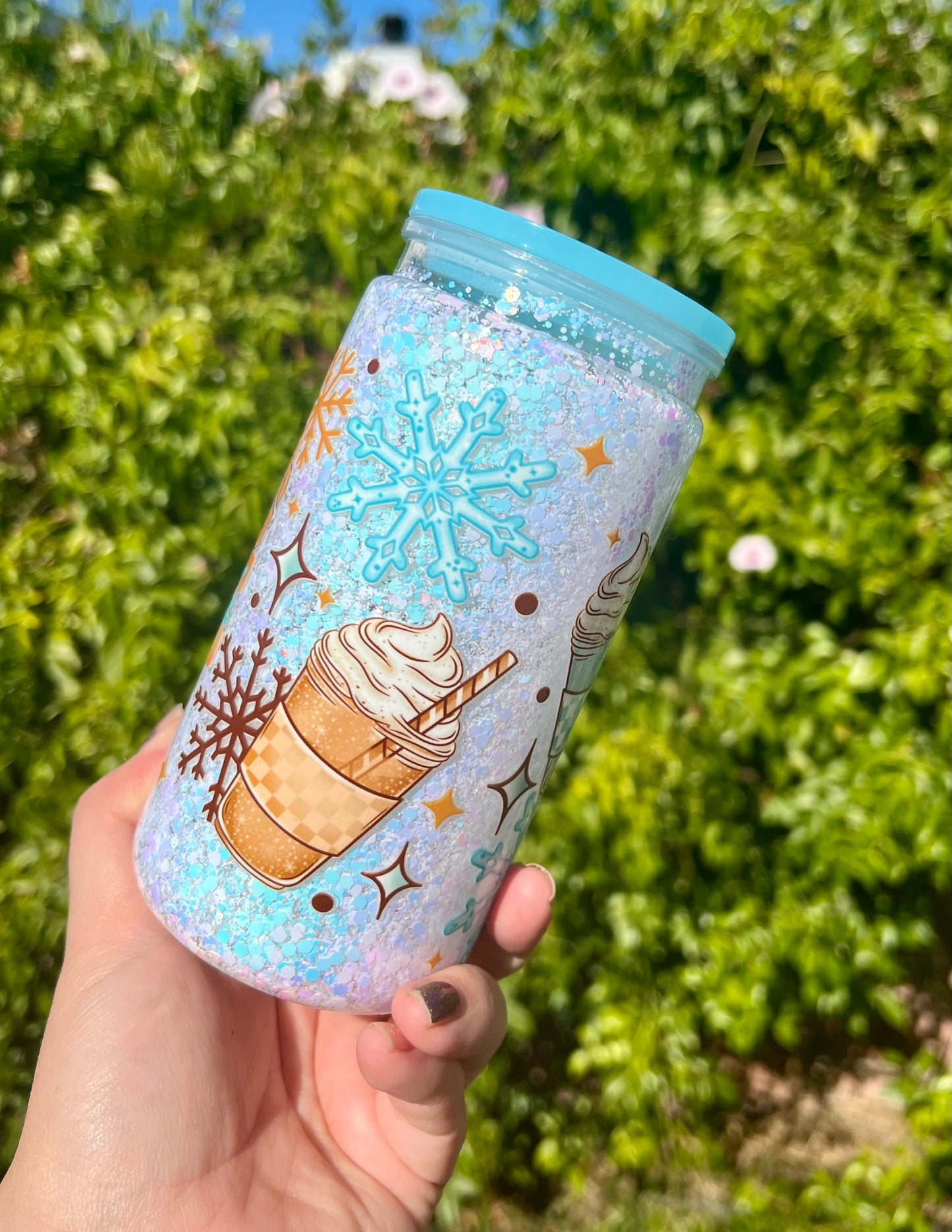 16 oz Acrylic Snow Globe FREEZING beverages Snowflake Tumbler