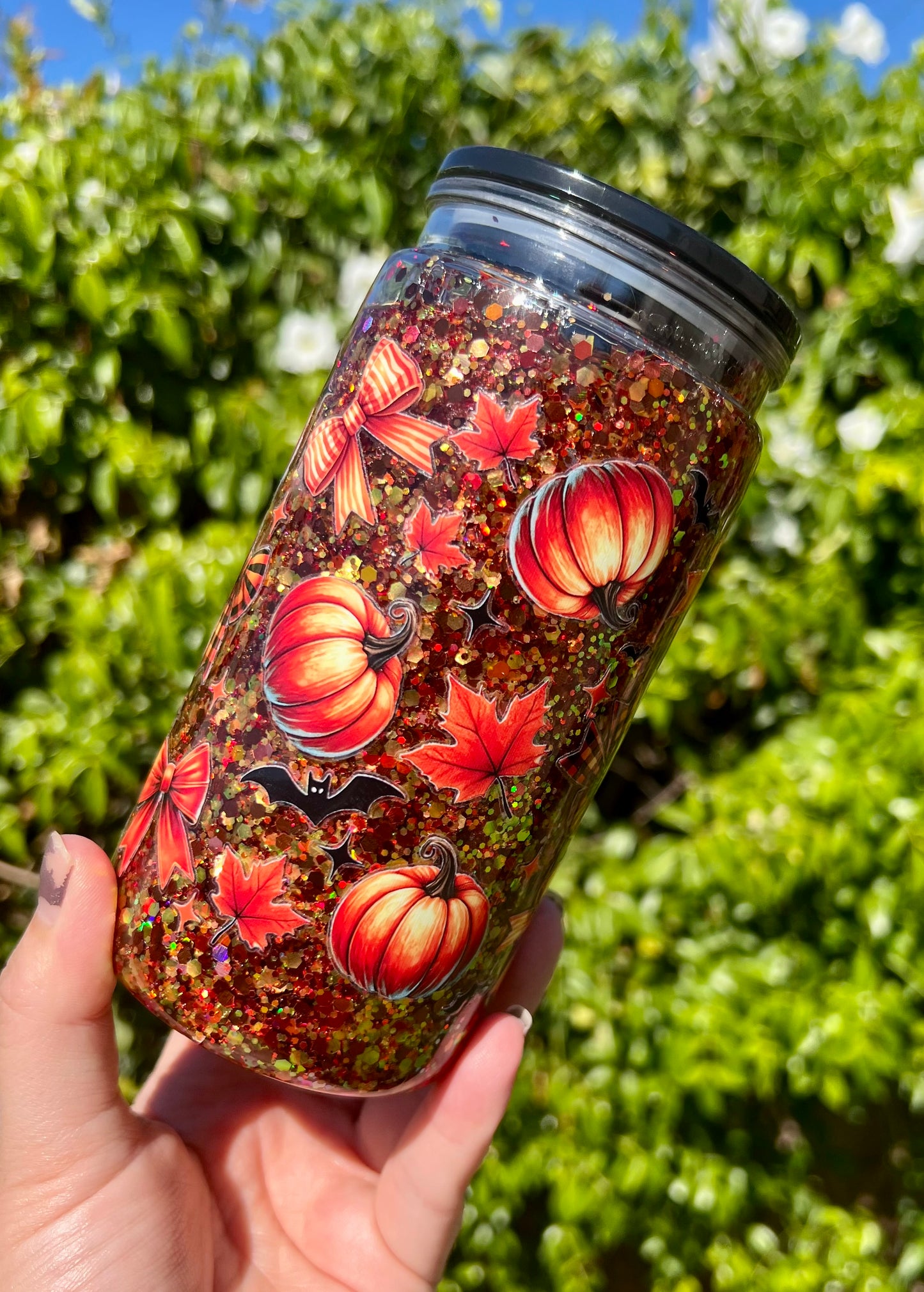 16 oz Acrylic Snow Globe Fall Vibes Glitter Tumbler