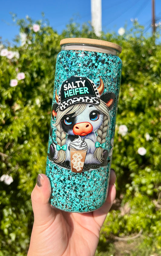 20 oz Glass Mug Style Snow Globe Highland Cow Tumbler