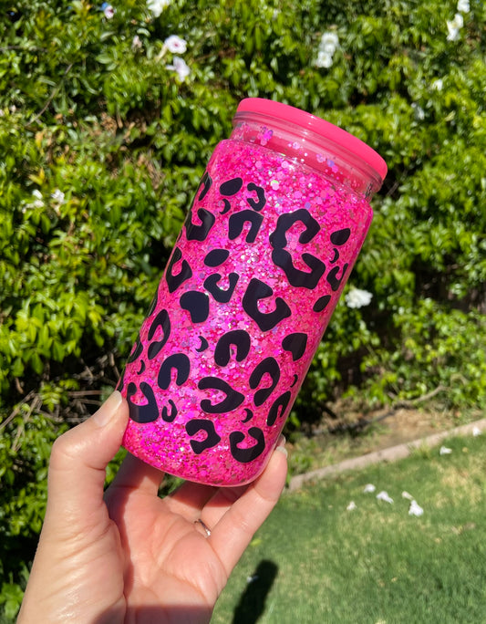 16 oz Acrylic Hot Pink Snow Globe Cheetah Glitter Tumbler
