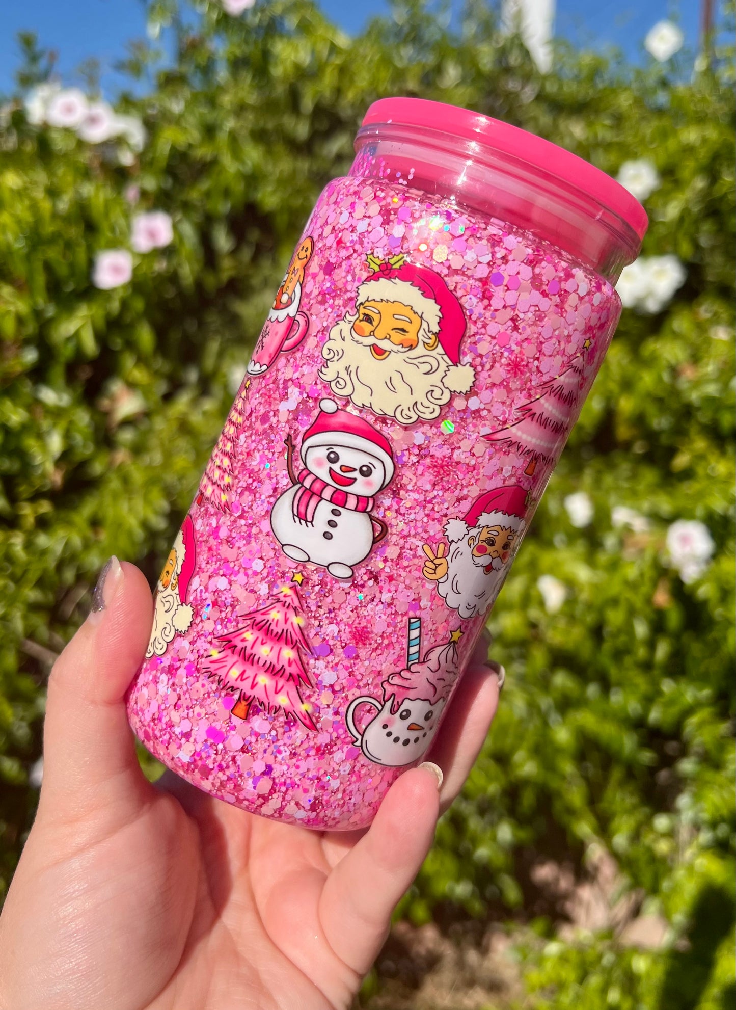 16 oz Acrylic Snow Globe Pink Holiday vibes Glitter Tumbler